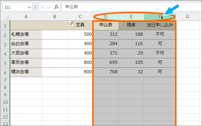 D列から数えて3列選択できた