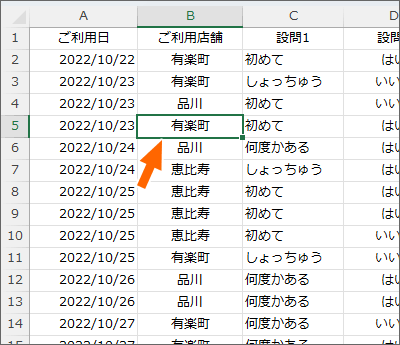 一番下まで移動したい列にあるセルを選択