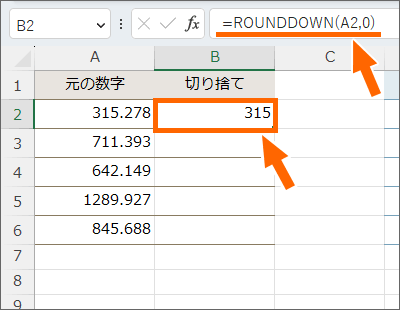 切り捨てた結果が表示された