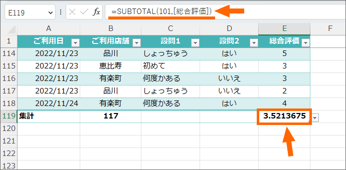 集計行のSUBTOTAL関数