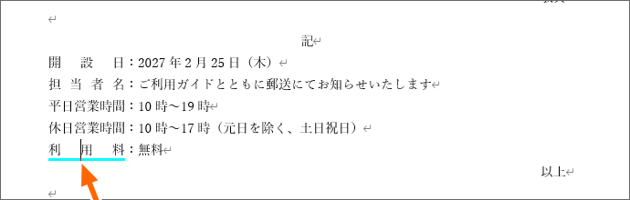 文字カーソルを置くと水色の線が表示される